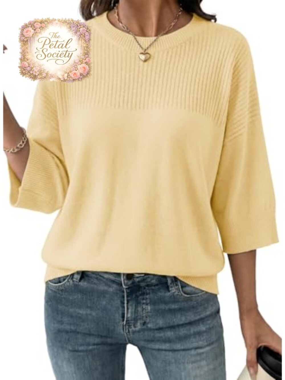 Dokotoo Womens 3/4 Sleeve Cropped Knit Sweater Top Oversized Crew Neck